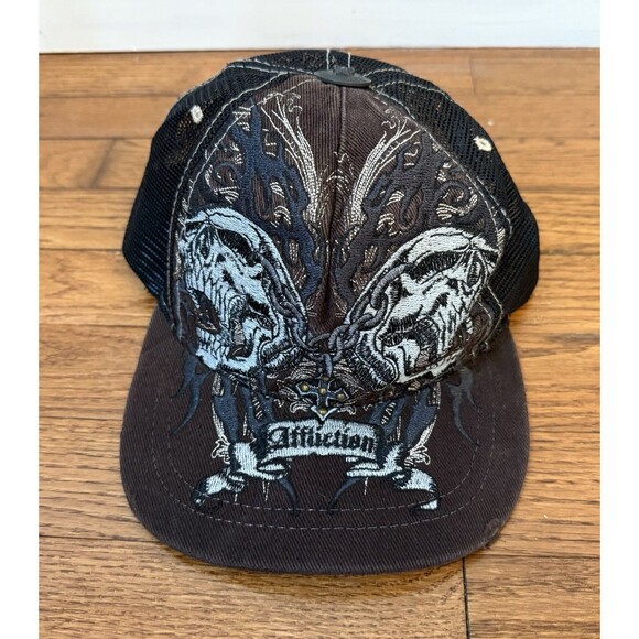 Vintage Affliction Double Skull Chain Cross Trucker Snapback Hat Brown One Size - Picture 3 of 11